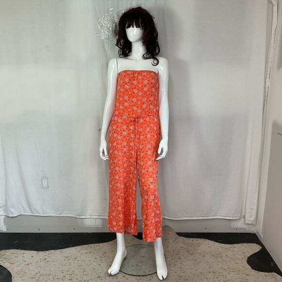 Aakaa Womens Orange Floral Print Square Strapless Cropped Boho Jumpsuit S - Picture 3 of 11
